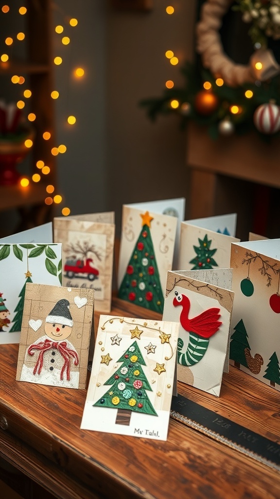 Handmade recycled Christmas cards with unique designs on a wooden table, surrounded by festive decorations.